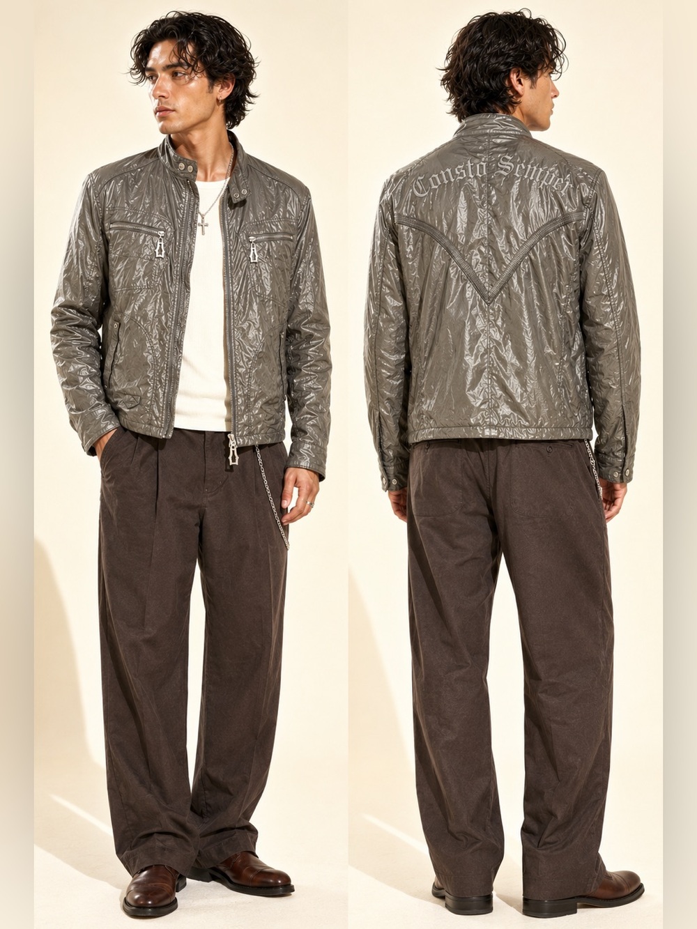Y2K Men’s Moto Jacket Crinkle Cotton Spellout Back Archive Style Olive Brown XL